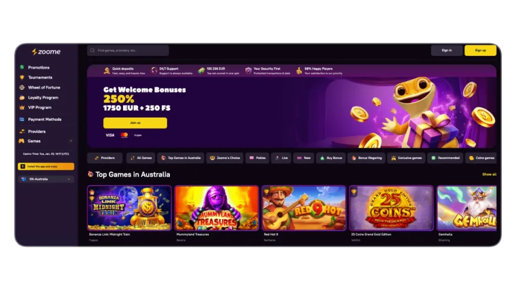 Main page Zoome casino screen view