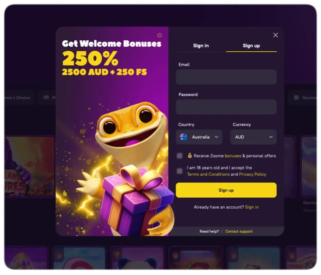 Sign up form with bonus offer